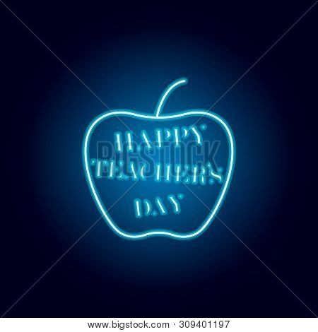 Happy Teachers Day Icon In Blue Neon Style. Education Symbol Sign Pictogram.
