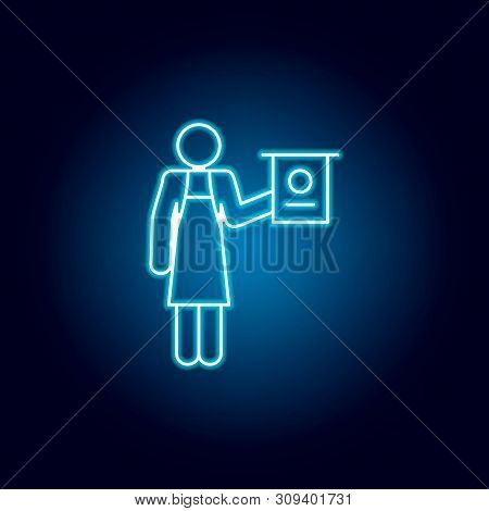 Teacher Of Labor Icon In Blue Neon Style. Education Symbol Sign Pictogram.