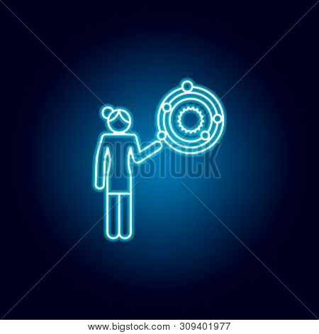 Astronomy Teacher Icon In Blue Neon Style. Education Symbol Sign Pictogram.