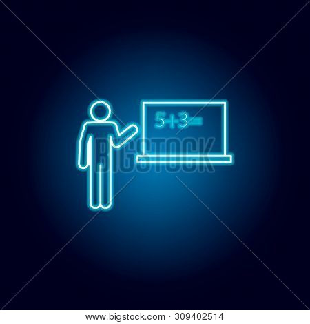 Algebra Teacher Icon In Blue Neon Style. Education Symbol Sign Pictogram.