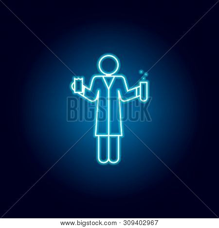 Chemistry Teacher Icon In Blue Neon Style. Education Symbol Sign Pictogram.