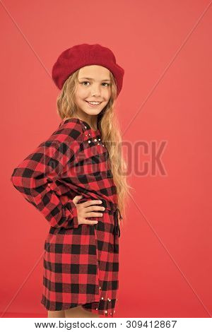 Fashionable Beret Accessory For Female. Wear Beret Like Fashion Girl. Kid Little Cute Girl With Long