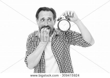 Being Late. Stressed Senior Man Worry Being Behind Time. Bearded Man With Clock And Stress On Face. 