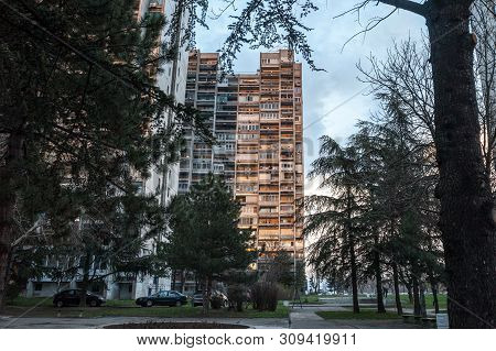 Traditionnal Communist Housing In The Suburb Of Belgrade, In New Belgrade. These Kind Of High Rises 