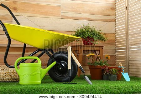 Wheelbarrow With Gardening Tools And Flowers Near Wooden Wall