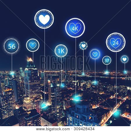 Get More Likes Concept With Aerial View Of Manhattan, Ny Skyline
