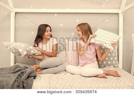 Childhood Friendship Concept. Girls Happy Best Friends Sleepover Domestic Party. Sleepover Time For 
