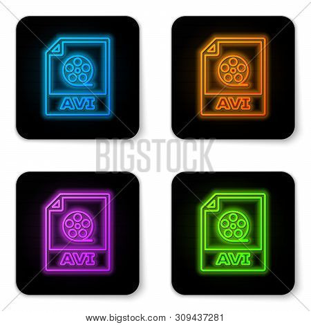 Glowing Neon Avi File Document Icon. Download Avi Button Icon Isolated On White Background. Avi File