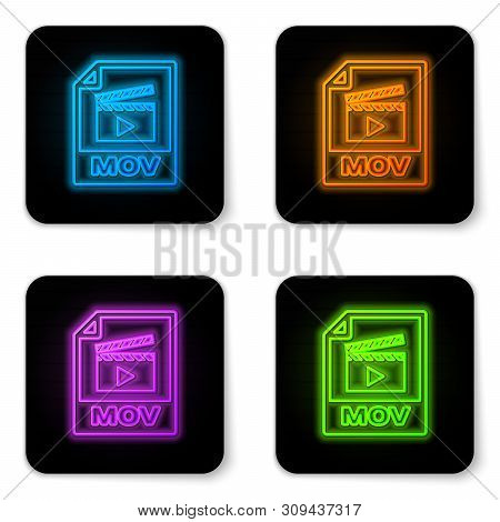 Glowing Neon Mov File Document Icon. Download Mov Button Icon Isolated On White Background. Mov File