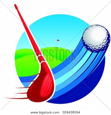 Approach To A Red Golf Club Hitting A Ball With Speed Lines With A Green Golf Course With A Flag In 