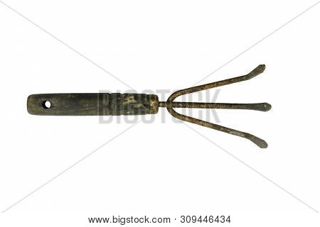Very Old And Rusty Tine Curved Fork For Agriculture Work Isolated On White Background