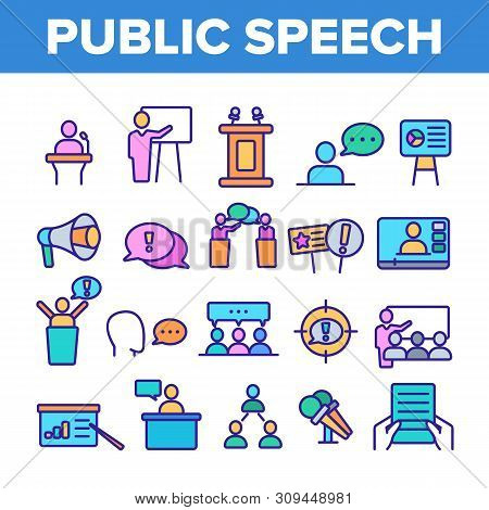 Public Speech Vector Thin Line Icons Set. Public Speech, Oratorical Skills Linear Pictograms. Presen