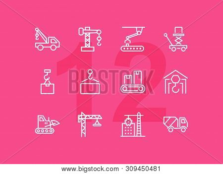 Industry Machines Line Icon Set. Concrete Mixer, Crane, Site. Machinery Concept. Can Be Used For Top