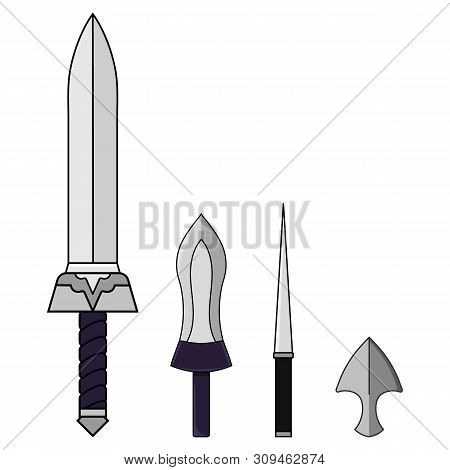Cartoon Set Of Different Swords Isolated On White Background. Medieval Weapons. Adventure Items. Ill