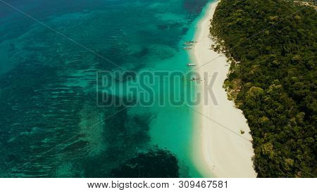Travel Concept: Sand Beach With Tourists And Turquoise Water On Boracay, Philippines, Aerial Drone. 