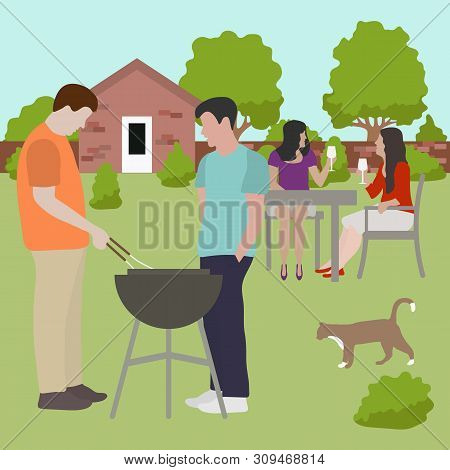 Vector Illustration With People Having Bbq Party In The Backyard. Bbq Party Background. Family, Frie