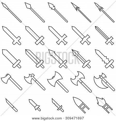 Set Of 25 Outline Weapon Icons Isolated On White Background. Medieval Weapon Silhouette. Illustratio