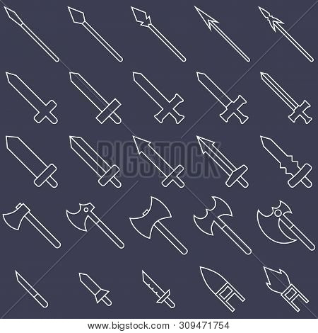 Set Of 25 Outline Weapon Icons Isolated On White Background. Medieval Weapon Silhouette. Illustratio