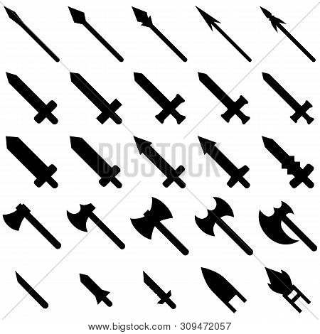 Set Of 25 Black Silhouette Weapon Icons Isolated On White Background. Swords, Spears, Axes, Knives, 