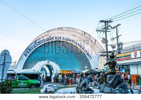 Rayong, Thailand - March 31, 2019: View Of Entrance Pier Gate To Samed Island With Phra Aphai Mani A