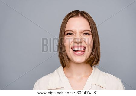 Close Up Photo Amazing Crazy She Her Lady Playful Funny Facial Expression Tongue Out Mouth Toothy Im