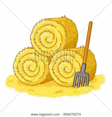 Bales With Hay And Pitchforks On A White Background. Vector Illustration In Cartoon Style On The The