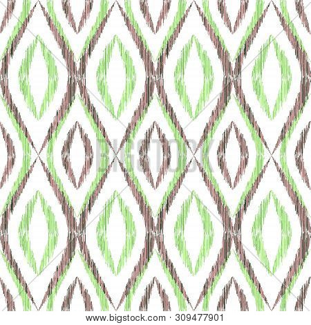 Ikat Ogee Seamless Vector Pattern Design. Ethnic Fabric Print Geometric Ikat Pattern. Smooth Ogee Se