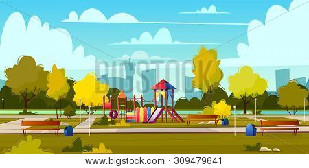 Background Of Cartoon Playground In Park At Summer. Landscape With Green Trees, Plants And Bushes. R