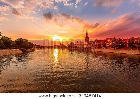 Wroclaw, Poland Colorful Sunset Panorama With Ostrow Tumski Island, Odra Or Oder River And Cathedral