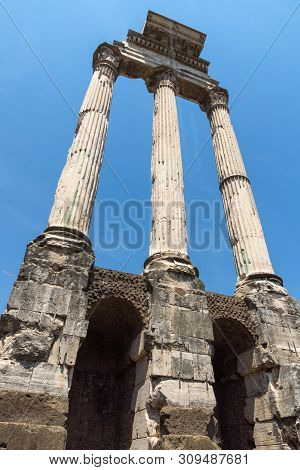 Ruins Of Temple Of Dioscuri At Roman Forum In City Of Rome, Italy