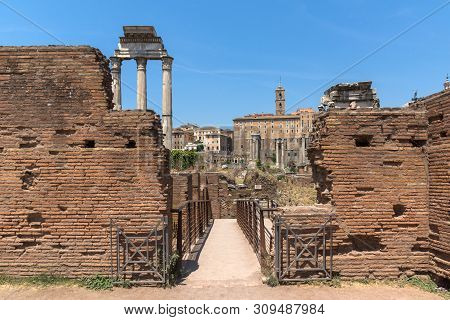Ruins Of Temple Of Dioscuri At Roman Forum In City Of Rome, Italy
