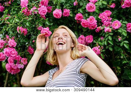 Perfume And Cosmetics. Woman In Front Of Blooming Roses Bush. Blossom Of Wild Roses. Secret Garden C