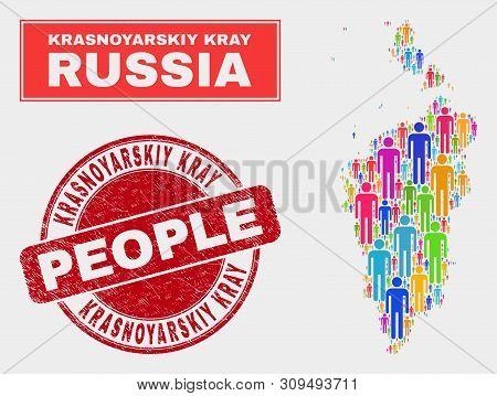 Demographic Krasnoyarskiy Kray Map Abstraction. People Bright Mosaic Krasnoyarskiy Kray Map Of Crowd