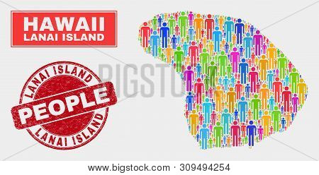 Demographic Lanai Island Map Illustration. People Color Mosaic Lanai Island Map Of Humans, And Red R