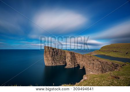 Sorvagsvatn Lake On Cliffs Of Vagar Island Long Exposure, Faroe Islands