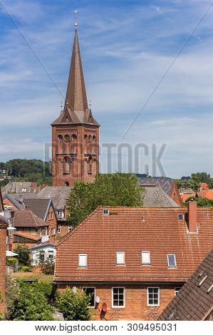 View Over Historic City And Church Tower In Plon, Germany