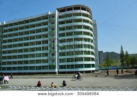 Wonsan, North Korea - May 3, 2019:  Street Scene   In Wonsan, One Of The North Korean Port On The Ea