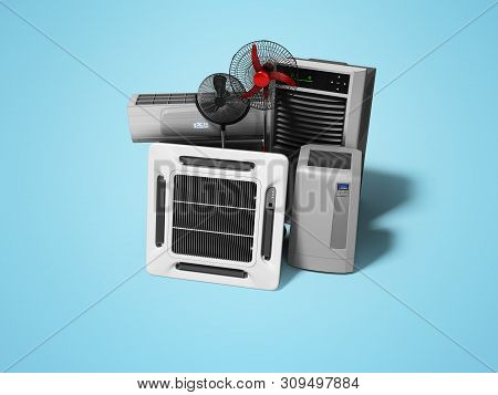 Group Of Equipment For Cooling And Air Conditioning Of The Premises 3d Render On Blue Background Wit