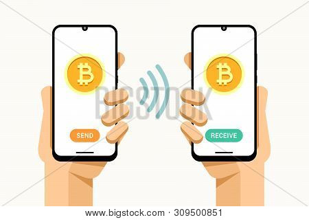 Smartphone Mockup In Human Hand. Sen And Receive Bitcoin Money Operation From Crypto Wallet. Vector 