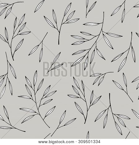 Leaves Pattern. Black And White Leaves On Gray Background.