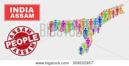 Demographic Assam State Map Abstraction. People Bright Mosaic Assam State Map Of Persons, And Red Ro