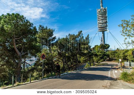 Barcelona, Spain - April 2019: Tv Tower Torre De Collserola On The Tibidabo Hill In Barcelona, Spain