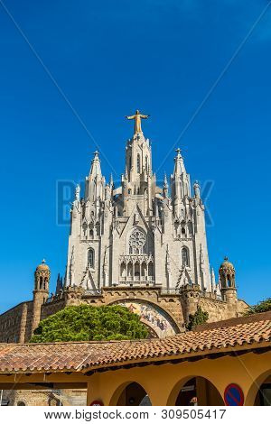 Barcelona, Spain - April, 2019. Tibidabo Cathedral. Temple Of The Sacred Heart Of Jesus At Mount Tib