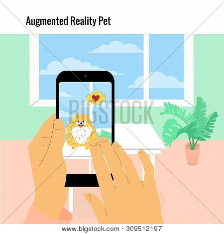 Human Hand Is Holding Smartphone With Augmented Reality App On Screen Showing Hologram Of A Dog