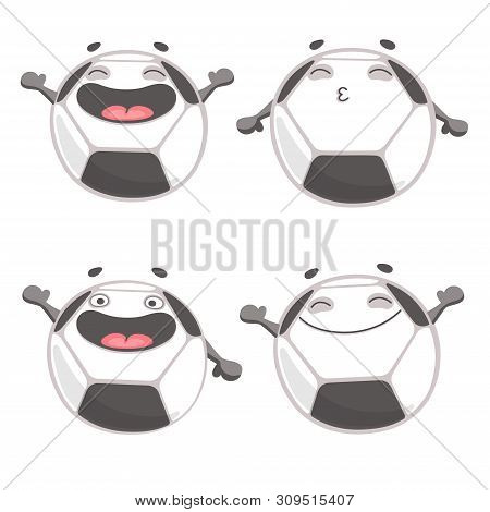Set Of Happy Soccer Ball Cartoon Characters Laughing, Jumping And Waving Hands. Football Mascot. Vec