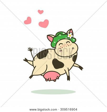 Happy Cow Vector Illustrarion. Funny Cartoon Character, Logo Template. Cute Jumping Kine. Good For C