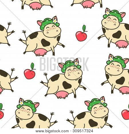 Seamless Pattern With Funny Cow Cartoon Character. Cute Flying Kine With Red Apples. Vector Illustra
