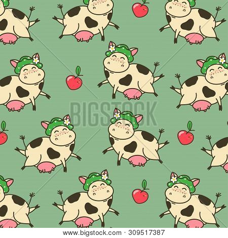 Seamless Pattern With Funny Cow Cartoon Character. Cute Flying Kine With Red Apples. Vector Illustra
