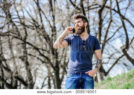 Unavailable At The Moment. Hipster With Beard Using Mobile Phone. Man With Beard Calling. Bearded Ma