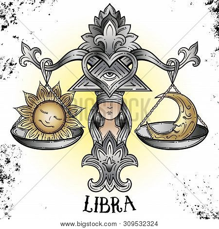 Beautiful Line Art Filigree Zodiac Symbol. Black Sign On Vintage Background.elegant Jewelry Tattoo.e